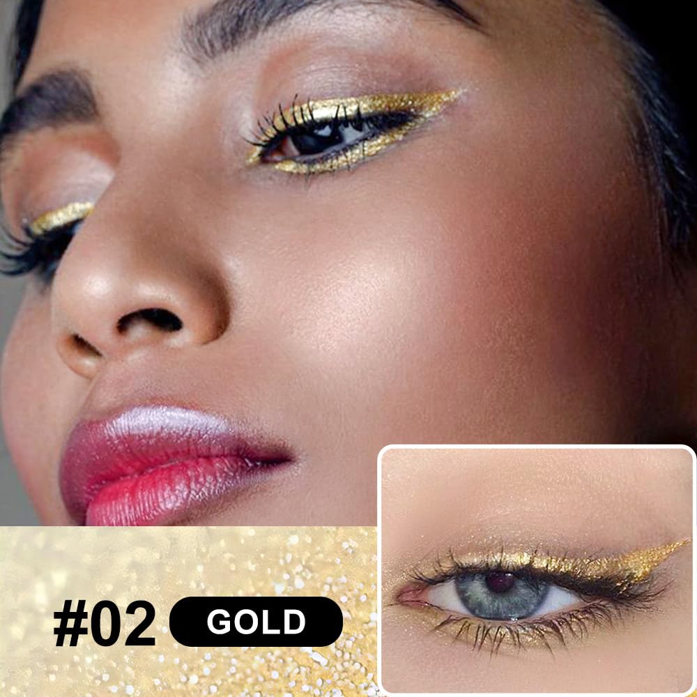 evpct 2Pcs Silver & Gold Glitter Sparkling Liquid Eyeliner, Metallic Shimmer Light Silver Eyeliner Liquid Eye Liner Eyeshadow Pencil Face Body Glitter Makeup, Longwear Waterproof, Eyelashes Mascara