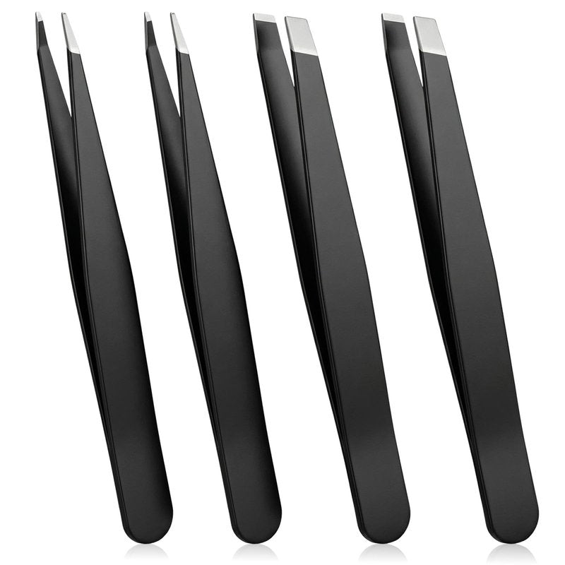 Sorcristy 4PCS Eyebrow Tweezers, Small Black Precision Eyebrow Tweezers Stainless Steel Pointed Tip Tweezer Set for Women and Men Facial Ingrown Hair Removal