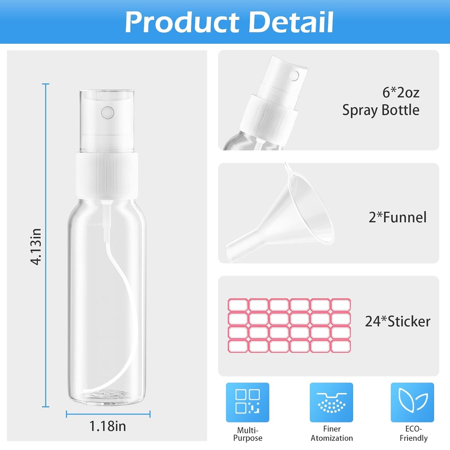 Clear Empty Spray Bottles - 2oz Fine Mist Travel Bottle Set with Funnels & Labels | 6 Pack