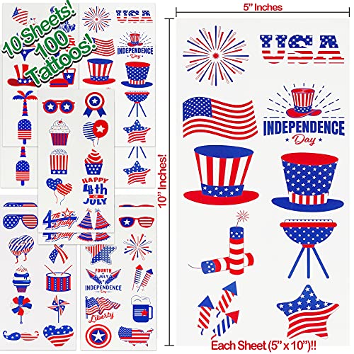 Anapoliz 100pcs Patriotic 4th of July Temporary Tattoos - Red White Blue USA Flags & Fireworks
