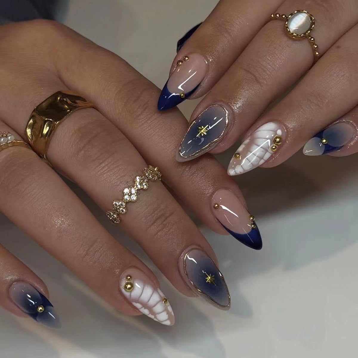 French Tip Almond Press-On Nails - Cat's Eye Acrylic with 3D Charms | 24 Pcs Set
