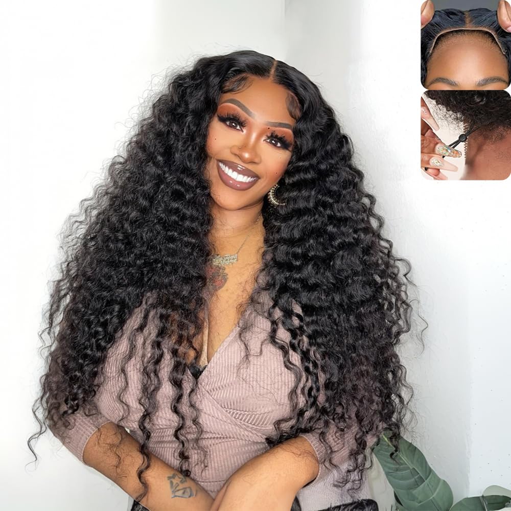 Glueless Human Hair Wigs - 26 Inch Deep Wave Lace Front, 210% Density, Pre Plucked & Cut | 7x5 HD Lace