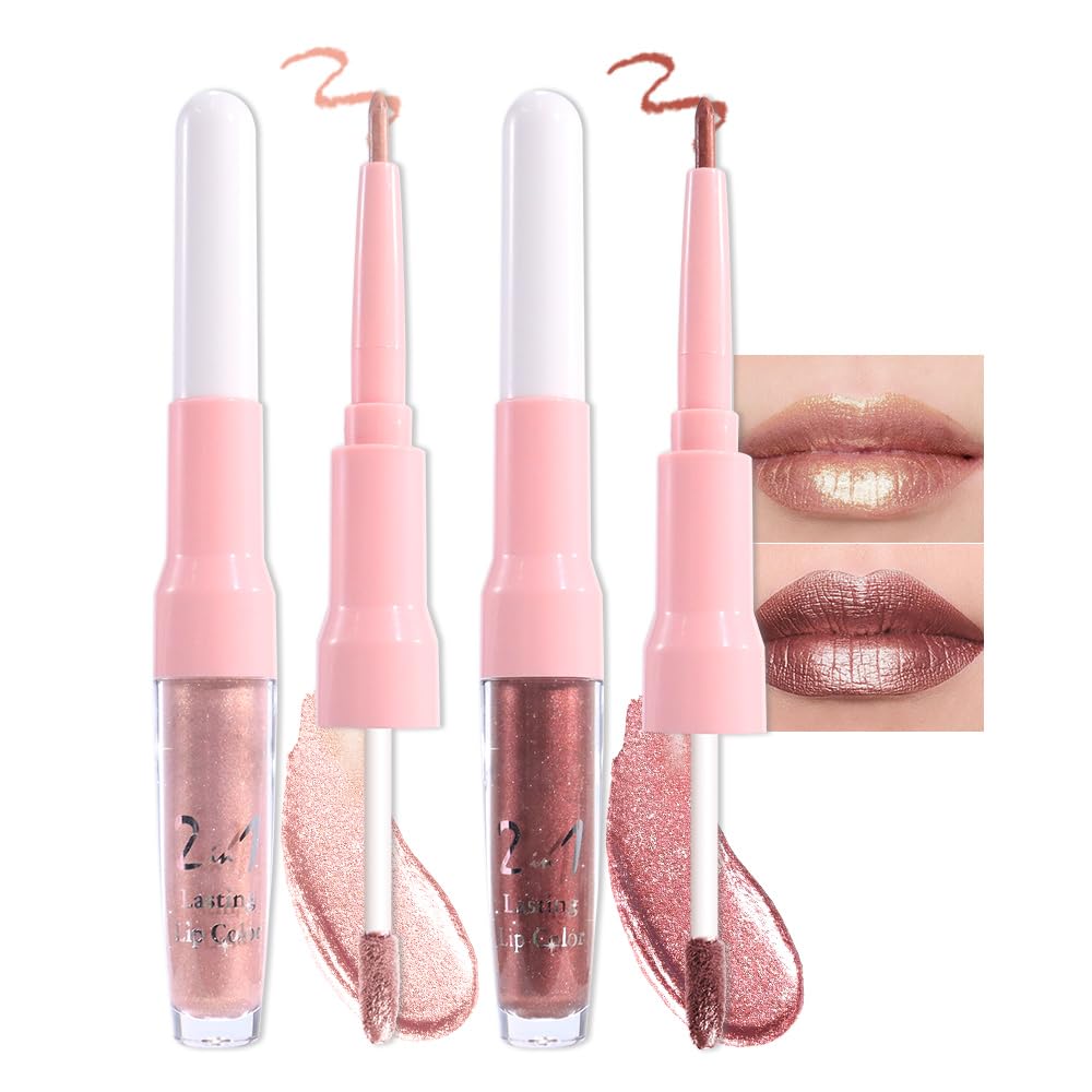 Dark Purple Red Metallic Glitter Lip Liner & Lipstick Combo - Long Lasting Waterproof Liquid Lipstick Set for Women | Iridescent Shine, Non-Stick Cup