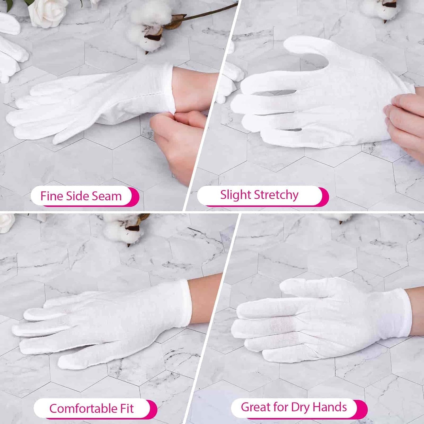 Cotton Gloves for Dry Hands - Moisturizing Eczema Relief | Medium Size, White