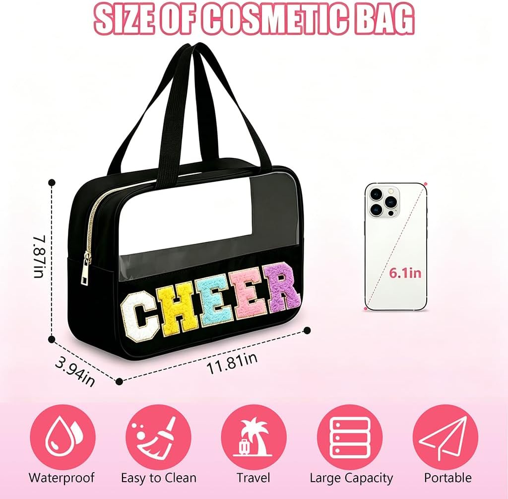 Cheer Makeup Bag - Waterproof Nylon Cosmetic Organizer | Chenille Letter Patch, Perfect Cheerleader Gift for Team
