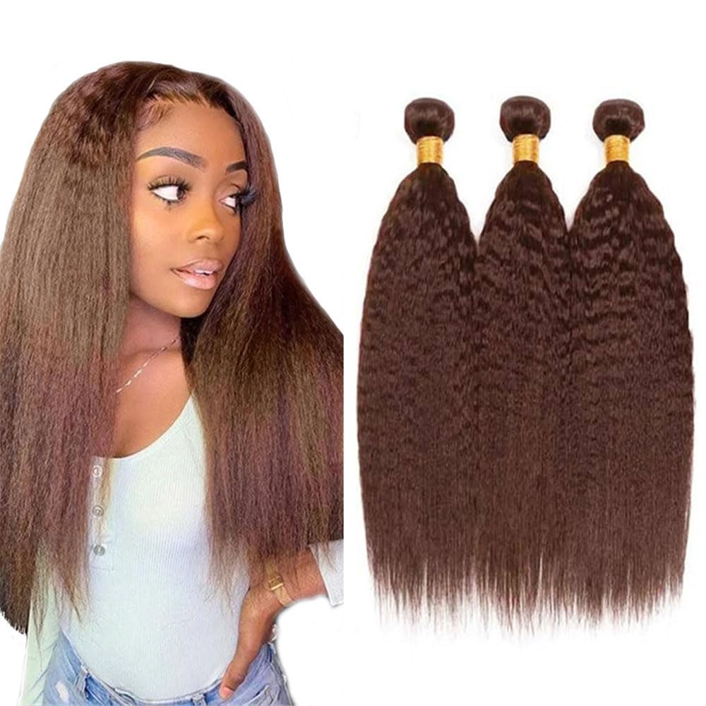#4 Chocolate Brown Bundles Human Hair Yaki Straight Bundles 30 30 30 Inch Kinky Straight Bundles Unprocessed Brazilian Virgin Hair Deals Quick Weave Hair Extensions 3 Bundle 50 Gram Per Bundle