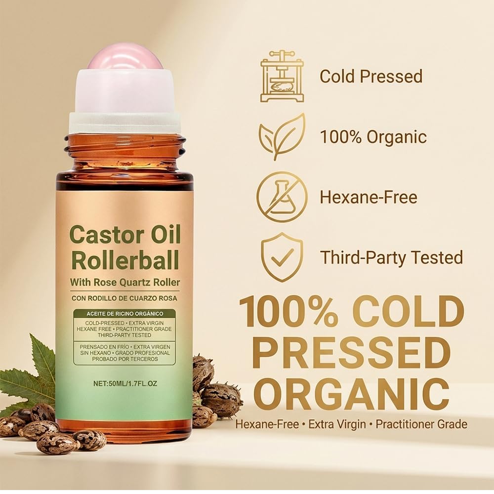 Castor Oil with Rose Quartz Roller - 100% Cold Pressed Moisturizing Oil for Face, Body & Hair | 1 Piece