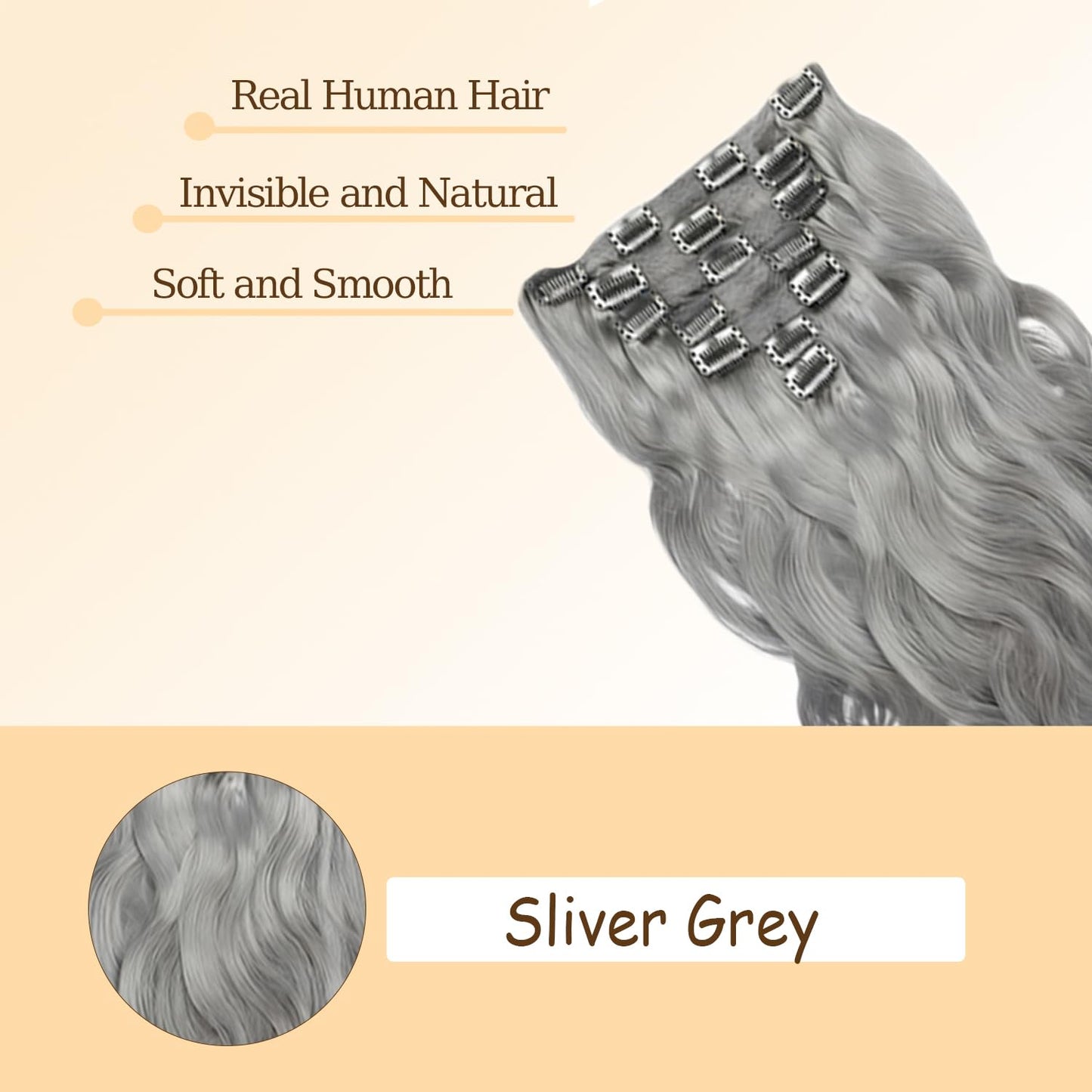 Grey Long Wave Clip in Hair Extensions Real Human Hair, 14 Inch 120g/7Pcs,Full Shine Remy Human Hair,Natural Grey Clip ins Brazilian Virgin Human Hair Extensions