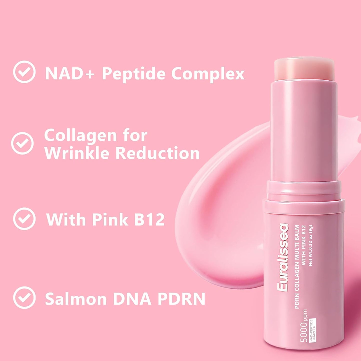 PDRN Collagen Multi Balm Stick & Eye Patches Set - Pink B12 & Caffeine Under Eye Care | 0.32 Oz Balm + 60 Patches