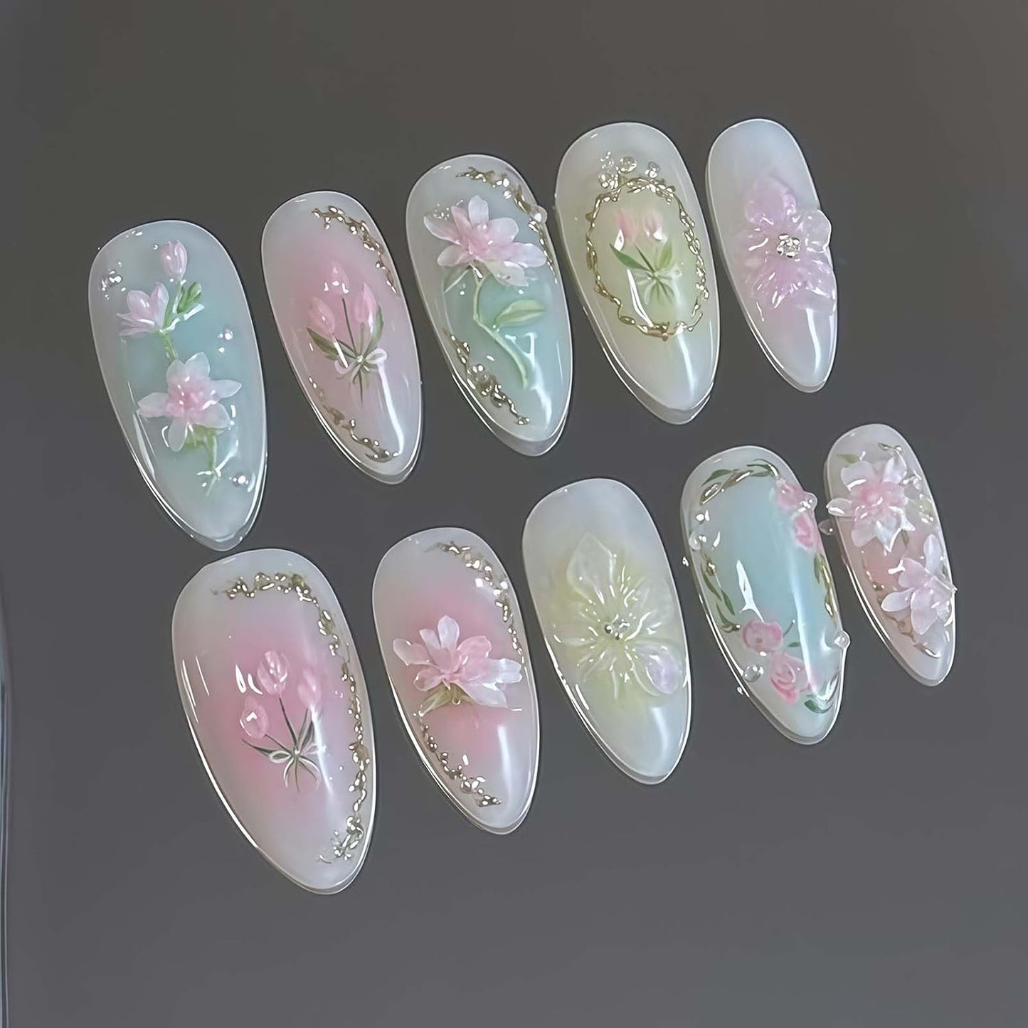 Press-On Nails - 24Pcs Medium Almond Beach Flower Design | Full Cover Acrylic with Shell & Starfish Rhinestones