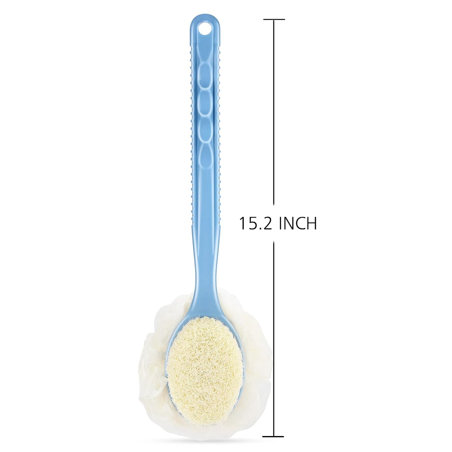 Shower Body Brush - Exfoliating Back Scrubber with Curved Handle | Dual Bristles & Loofah for Wet/Dry Use - Blue