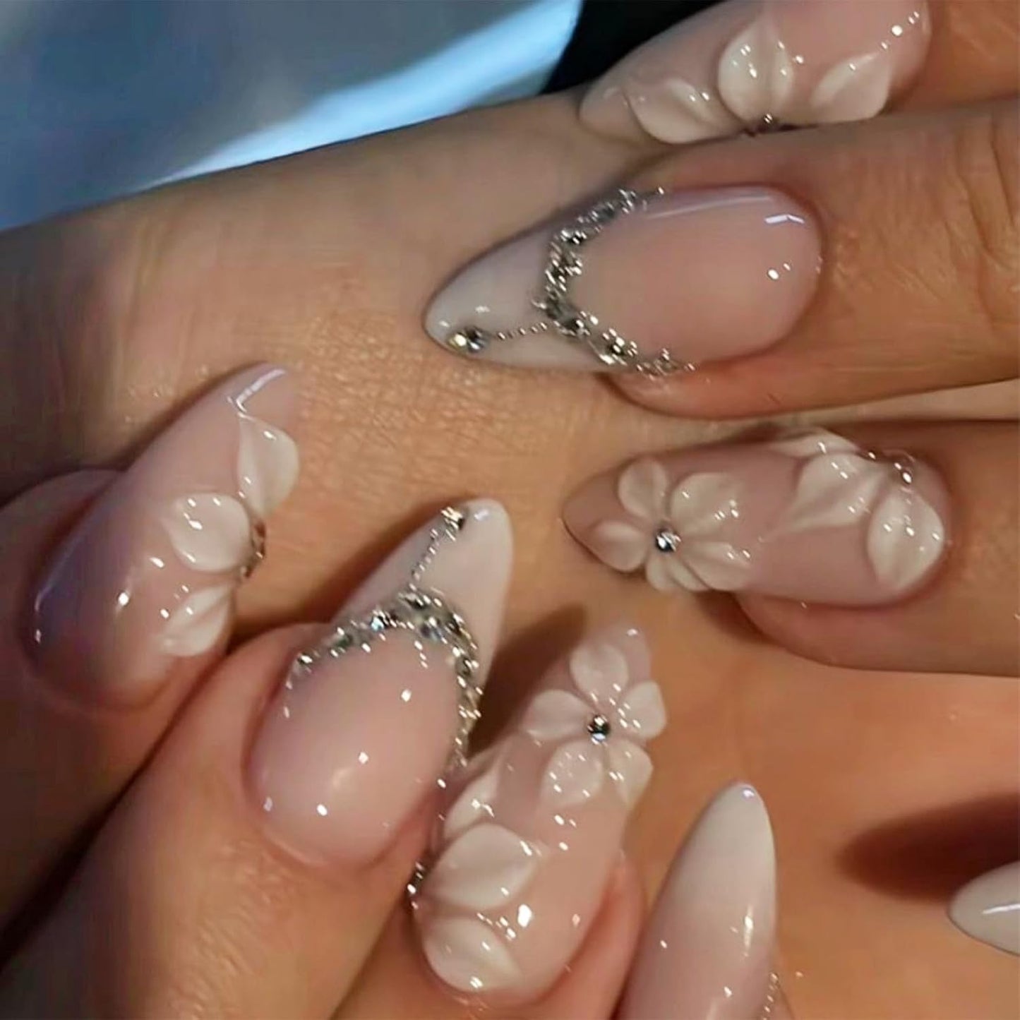 3D Blueberry Flower Press-On Nails - Medium Almond Shape with Pearl & Gold Beads | Reusable Glossy Blue French Tips for Summer Parties