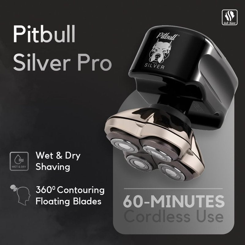 Skull Shaver Pitbull Silver PRO Head & Face Shaver - Premium Cordless Electric Shaver for Wet & Dry Shaving - Ergonomic & Easy-to-Clean Design - Includes Travel Pouch