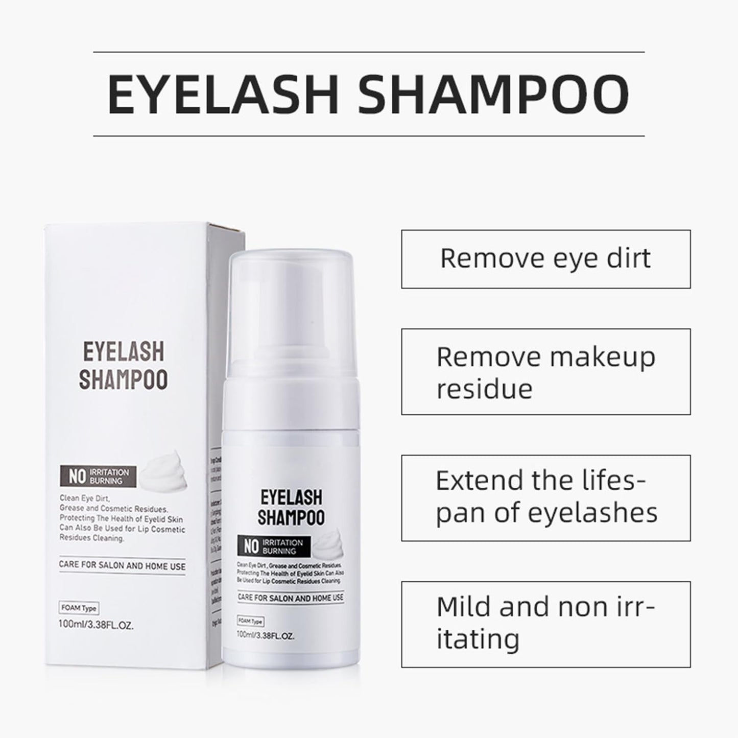 Eyelash Extension Cleansing Foam - 3.4 fl.oz Lash Shampoo with Applicator Brush, Safe Makeup Remover for Extension & Natural Lashes, Oil-Free Foaming Formula