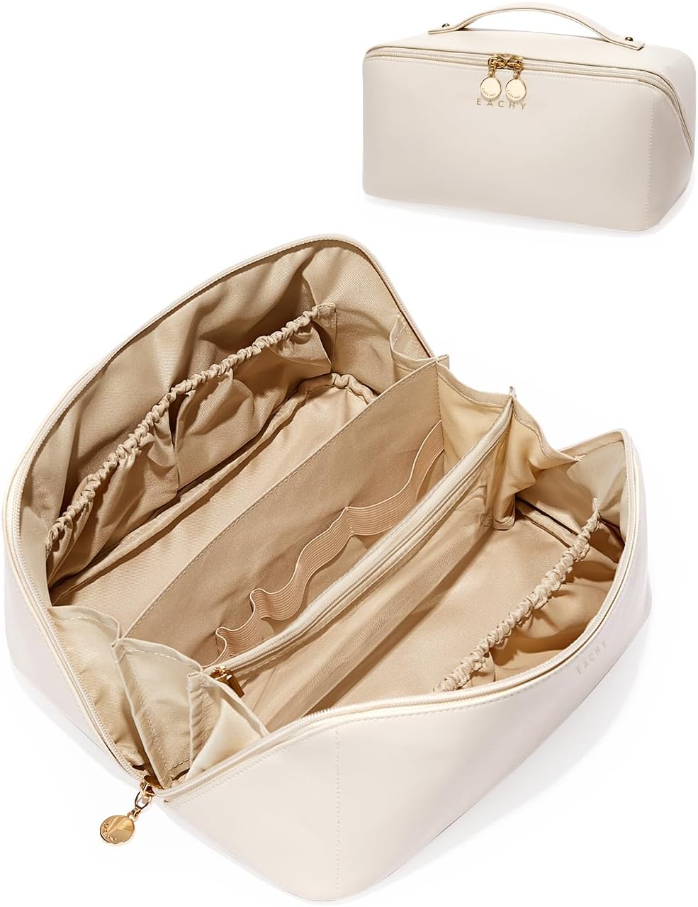 Travel Makeup Bag - Large Capacity Waterproof PU Leather Cosmetic Organizer | Flat Open Design for Skincare & Brushes