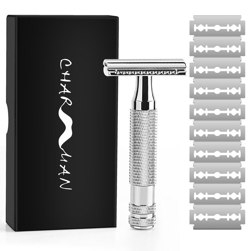 CHARMMAN Classic Double Edge Safety Shaving Razor, Pure Copper Handle,1 Razor + 10 pcs Super Stainless Steel Blades