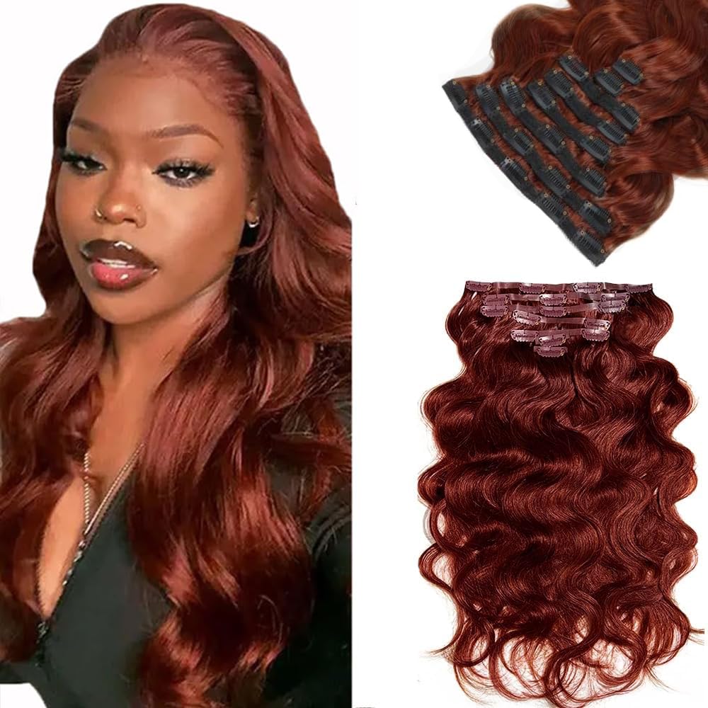 #33 Reddish Brown Clip in Hair Extensions Real Human Hair, 30 Inch 120g/7Pcs,Full Shine Remy Human Hair,Copper Red Body Wave Clip ins Brazilian Virgin Human Hair Extensions