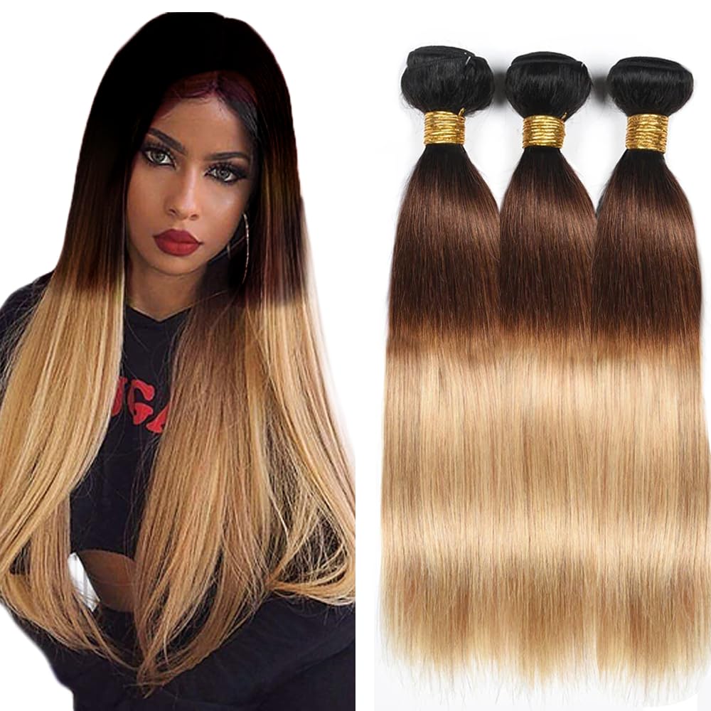 28 28 28 Inch T1B4/27 Ombre Blonde Bundles Human Hair Straight 3 Bundles 100 Grams/Bundle 10A Grade Unprocessed Brazilian Virgin Hairs Ombre Bundles Weaves Hair Extensions For Women
