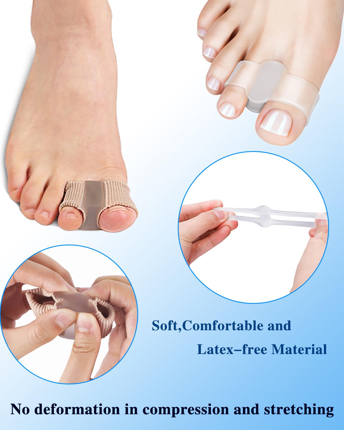 PGRODE 8PC Bunion Toe Separators Gel Bunion Corrector Soft Big Toe Spacers for Feet Women Men Toe Correct, Elasticity Hammer Toe Straightener with 2 Loops (4 Nylon+4Gel)