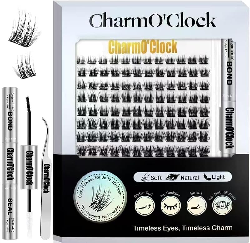 CHARMO'CLOCK Lash Clusters Kit: 168 DIY Eyelash Extensions Set with Bond & Seal