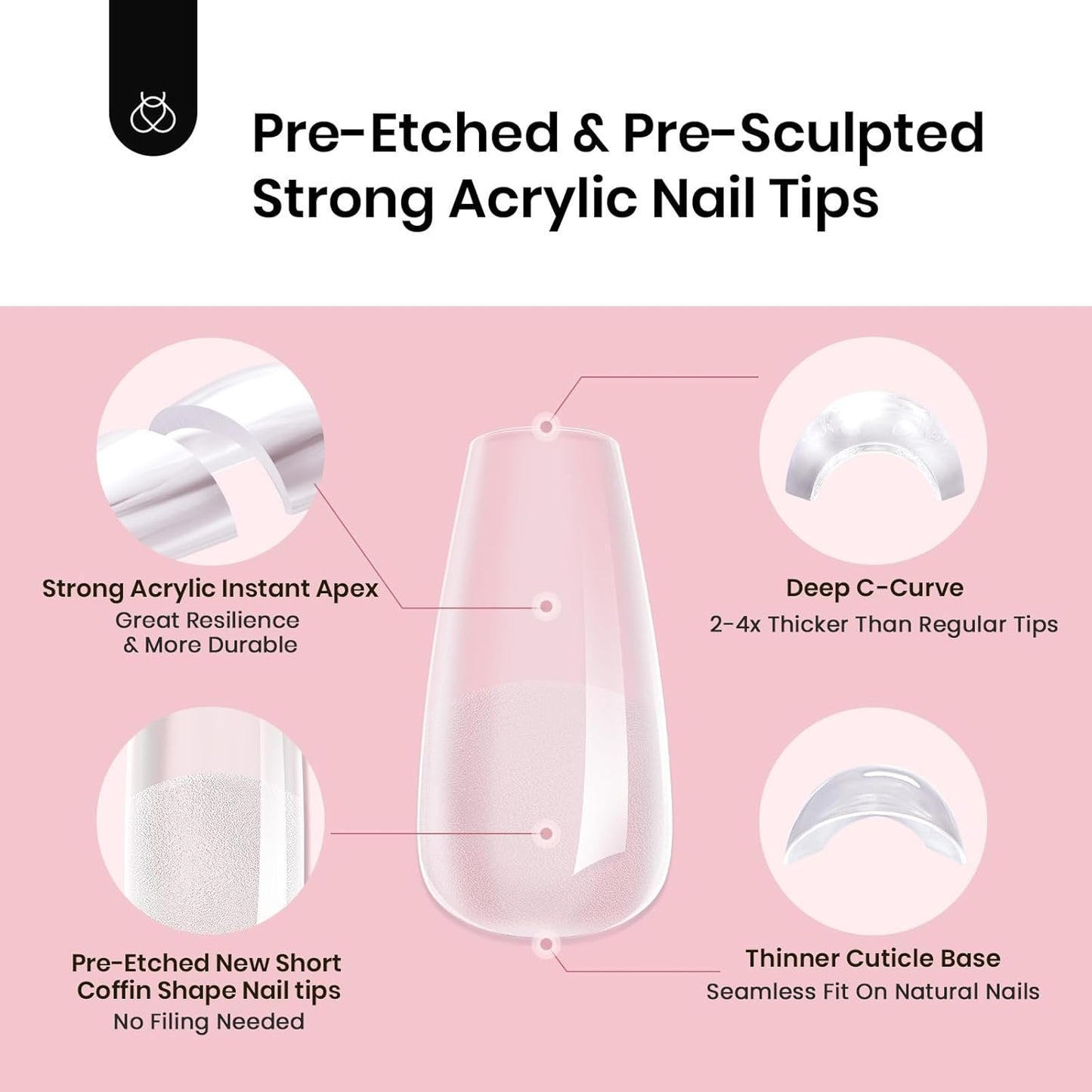 Beetles Nail Tips - Instant Apex Short Coffin Acrylic Tips | 16 Sizes 00-14, 192pcs, No Builder Gel Needed