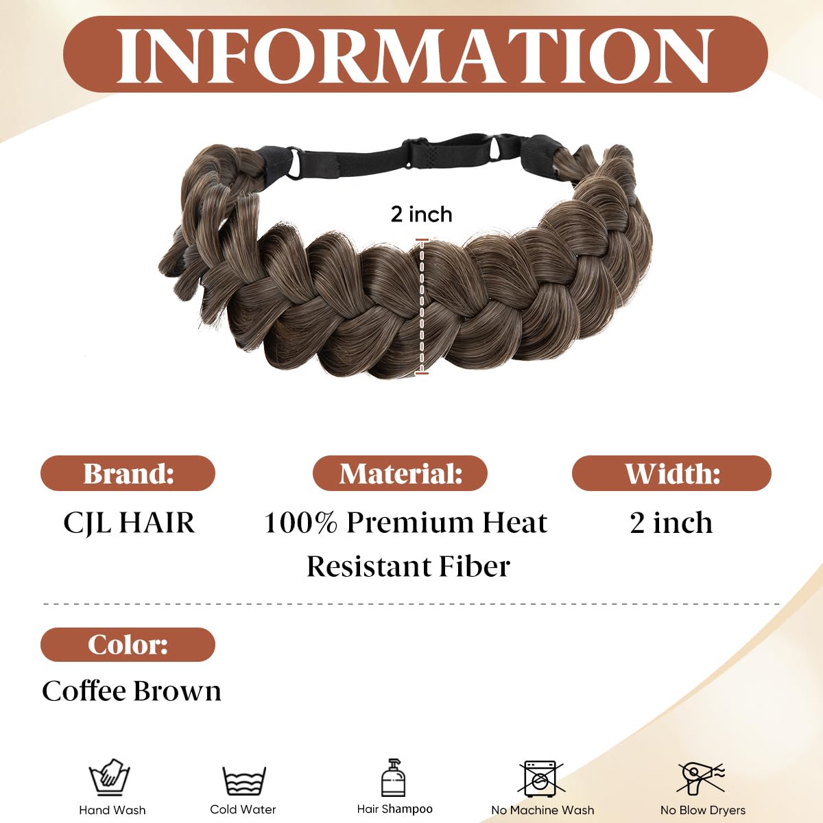 Wide Elastic Braided Headbands for Women - Adjustable Synthetic Hair Hairpiece | Coffee Brown