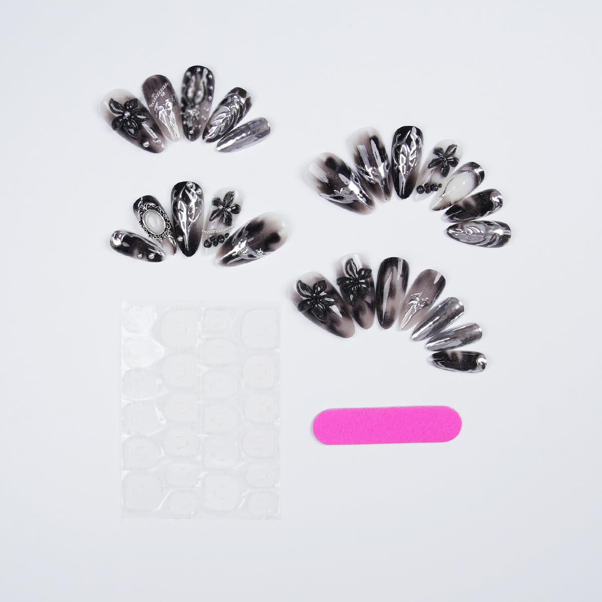 Gothic Press On Nails - Medium Almond 3D Metallic Rhinestone Design | 24 Pcs Black Acrylic False Nails for Women