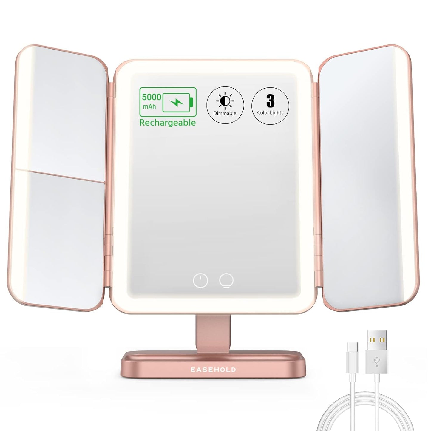 Rechargeable Trifold Lighted Makeup Mirror - 1X/2X/3X Magnification, 3 Color LED Lights | Foldable Vanity Mirror for Travel & Home