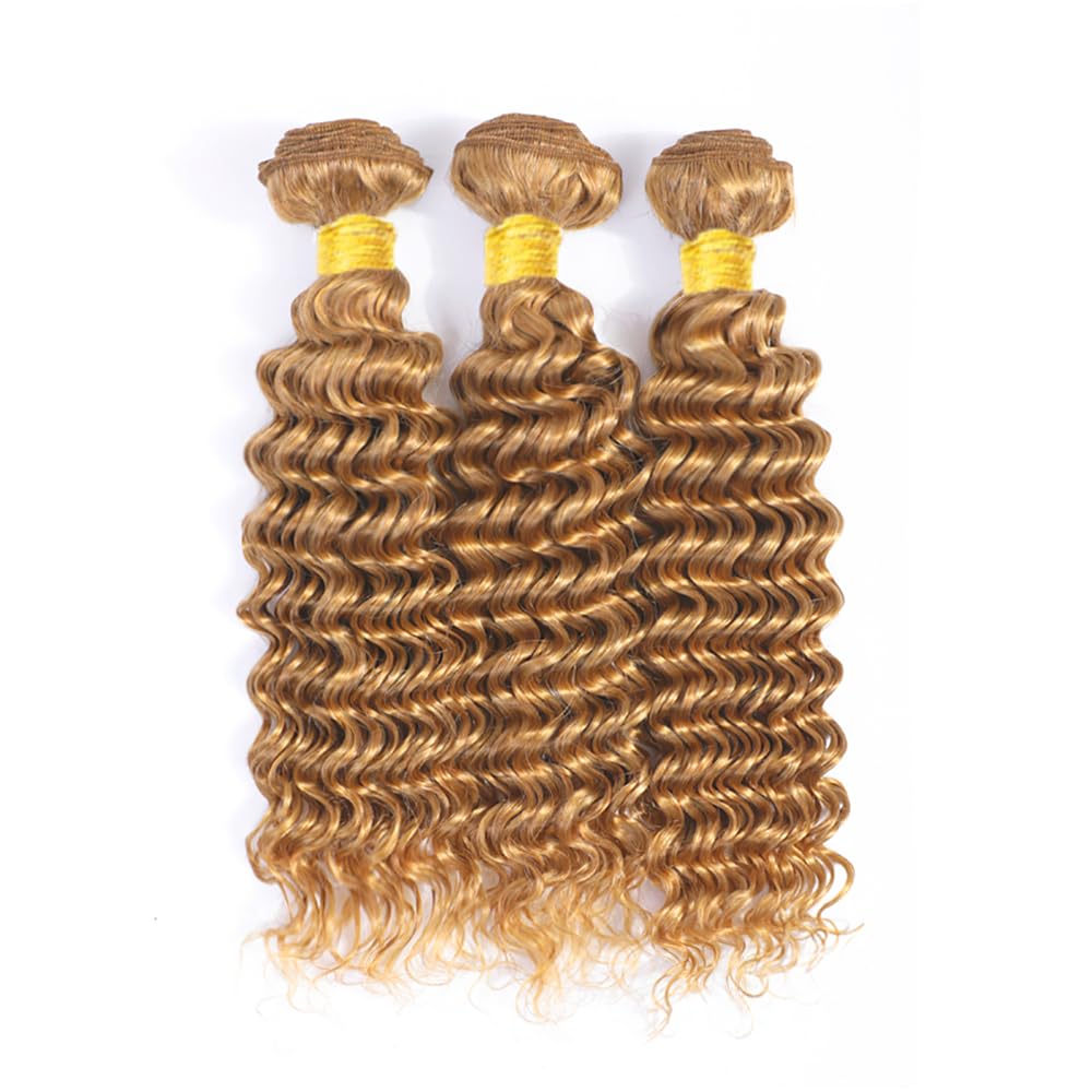 26 28 30 Inch #27 Blonde Bundles Human Hair Deep Wave 3 Bundles Brazilian Remy Hair 50 Grams/Bundle 10A Grade Unprocessed Virgin Hairs Honey Blonde Deep Wave Bundle Weaves Extensions for Women