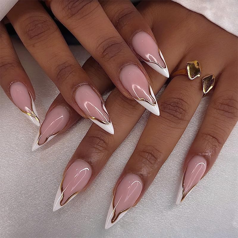 White French Tip Almond Press-On Nails with Gold Wave Designs - 24pcs
