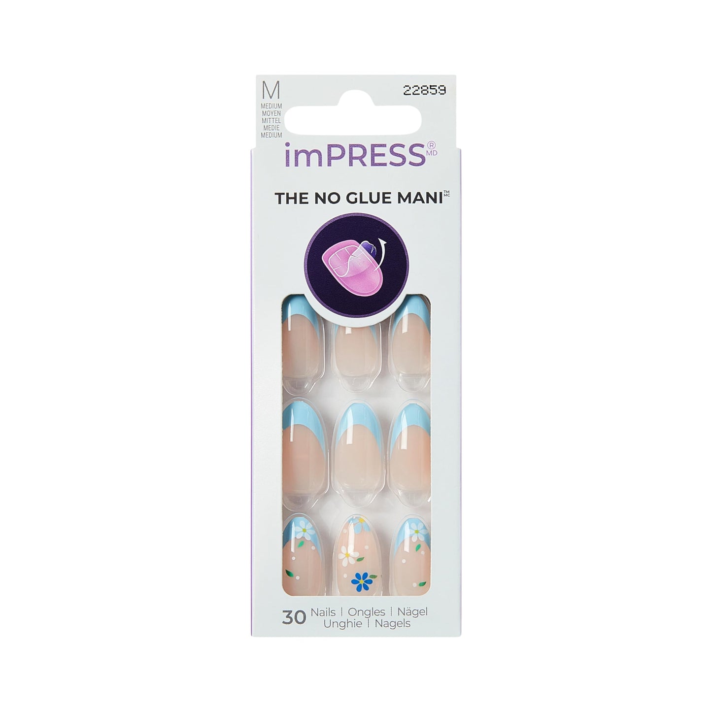 Kiss Impress No Glue Mani Press On Nails, Design, 'Golden Nest', Blue, Medium Size, Almond Shape, Includes 30 Nails, Prep Pad, Instructions Sheet, 1 Manicure Stick, 1 Mini File