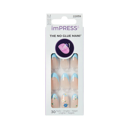 Kiss Impress No Glue Mani Press On Nails, Design, 'Golden Nest', Blue, Medium Size, Almond Shape, Includes 30 Nails, Prep Pad, Instructions Sheet, 1 Manicure Stick, 1 Mini File