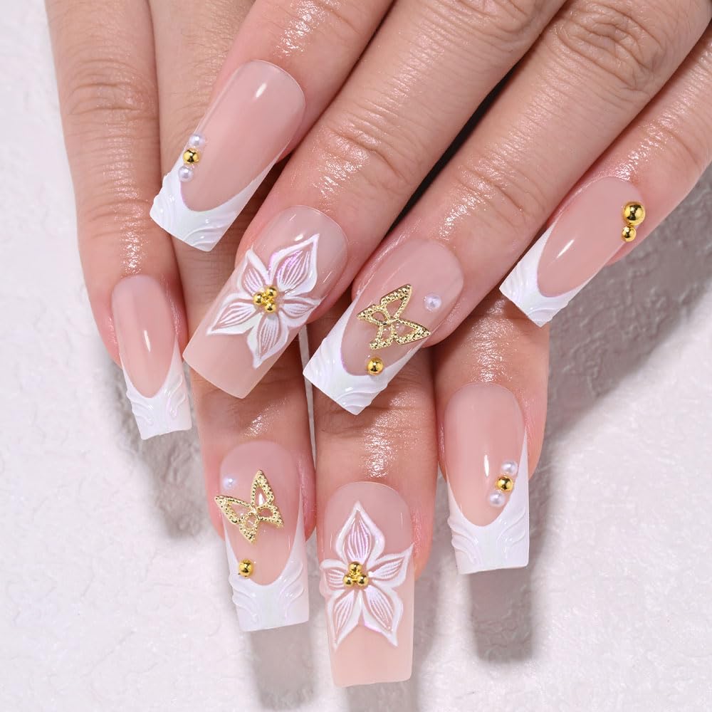 3D Gold Line French Tip Press-On Nails - Short Almond Glitter Light Nude | Handmade Acrylic Nails with 3D Pearl Designs