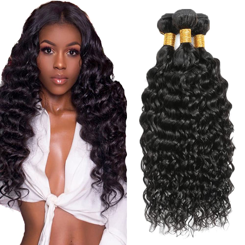 22 24 26 Inch Water Wave Bundles Human Hair 3 Bundles 50 Grams Per Bundle 10A Grade Unprocessed Brazilian Virgin Hair #1B Natural Color Water Wave Bundle Weaves Extensions for Black Women