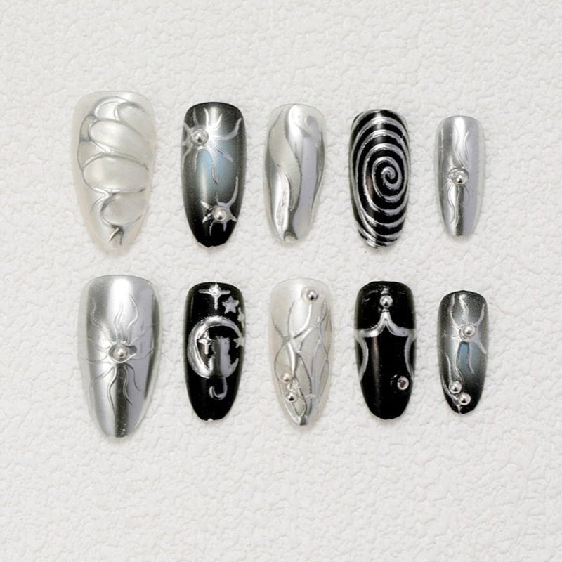 Gothic Press-On Nails - 30Pcs Medium Almond Black & Silver Chrome with 3D Rhinestones | Y2K Dark Punk Acrylic Design