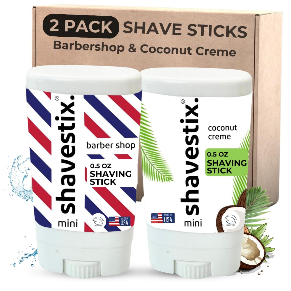 Travel Shaving Cream Stick Set 2 x 0.5 Oz | Coconut Crème - Barber Shop Combo Pack | Razors, Shavers Friendly Mini Hair Removal Cream Bar For Women, Men | Shavestix Shave Stick Travel Size Toiletries
