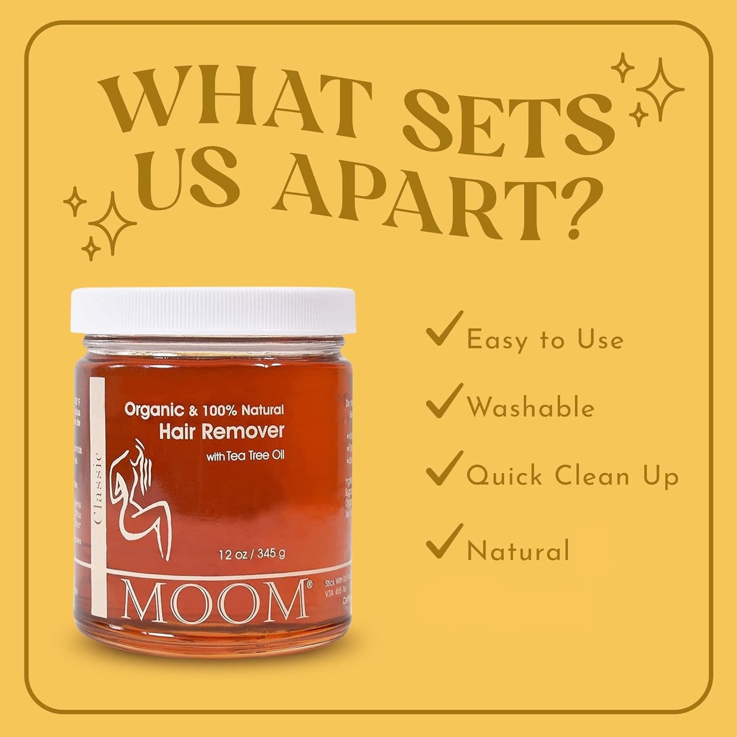 MOOM USDA Organic Sugar Wax Hair Removal for Women & Men - 12 oz Wax refill Jar, Sugaring Wax with Tea Tree Oil - Body, Leg & Facial wax - Soft Wax for Sensitive Skin (Strips & Sticks Not Included)