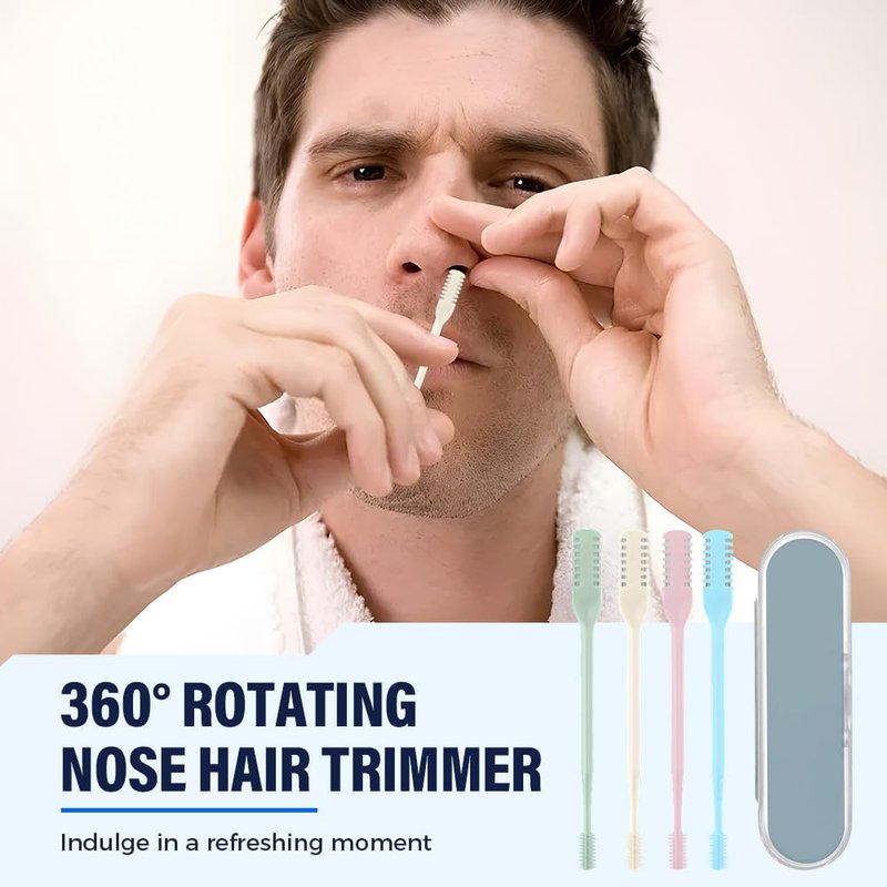 Mustowl 2-in-1 Nasal Hair Cutter, 2025 Professional Nose Hair Trimmer with 360° Rotation & Ear Picker, Dual-Blade Manual Nasal Grooming Tool with Soft Cleaning Brush for Men and Women (Blue, 3 PCS)