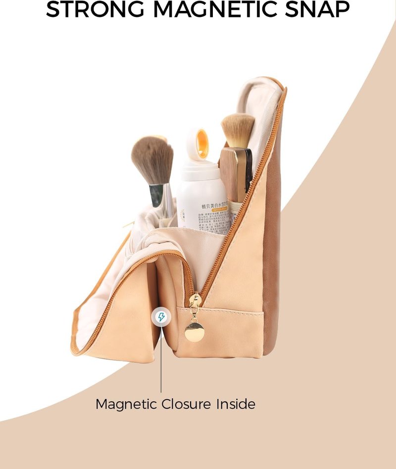 Large Makeup Bag - Sturdy PU Leather Cosmetic Organizer with Fold-Down Phone Tray | Waterproof Travel Toiletry Case, 9.5 Inch, Brown