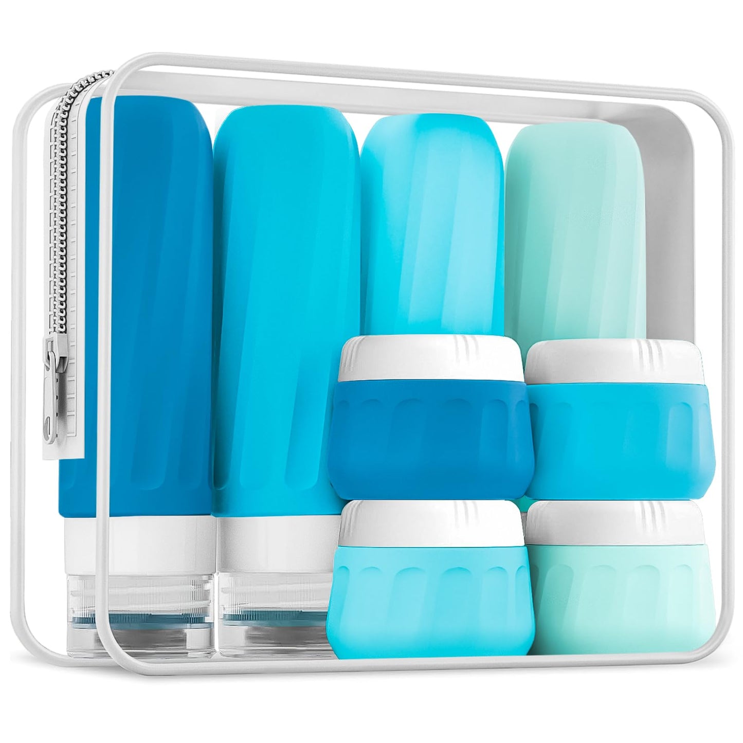 Mrsdry Travel Bottles for Toiletries, Travel Size Toiletries 10 Pack, Tsa Approved Travel Size Containers 3oz, with Travel Essentials Clear Bag, Leak Proof Silicone Squeezable Creams Jars