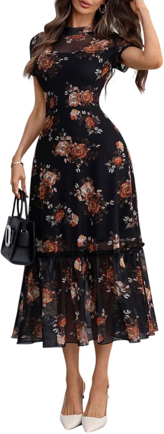 Floral Mesh Ruffle Maxi Dress for Women - Casual Summer Wedding Guest Dress | Short Sleeve, Waist-Cinched