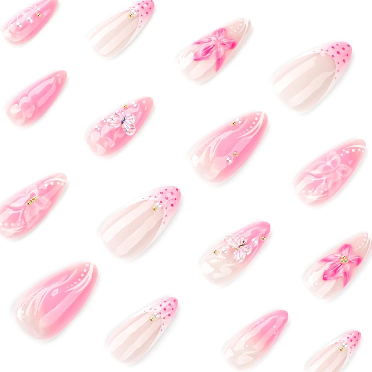 Flower Nail Press Ons - French Tip 3D Floral Butterfly Acrylic Nails | Glossy Pink Medium Almond Full Cover - 24 Pcs