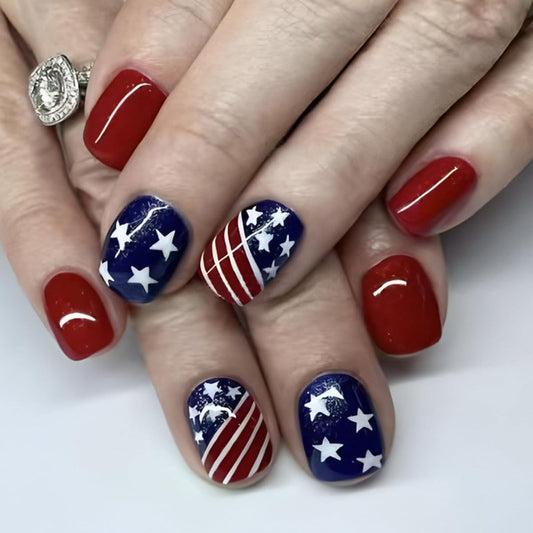 4th of July Press on Nails Short Square Fake Nails Patriotic Nails Press ons with American Flag Stars & Stripes Design,Reusable Artificial Nails,24Pcs Nail Kit for Women Independence Day Manicure