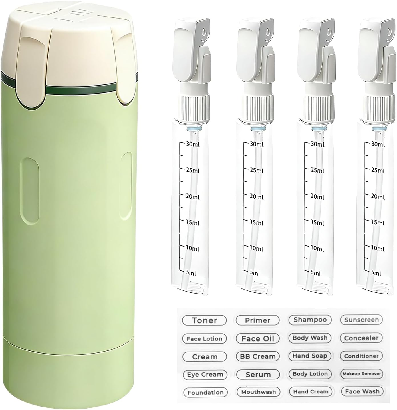 Travel Bottle Set - 4 in 1 Refillable Dispenser Bottles for Shampoo, Shower Gel & More | 30ML, Perfect for Travel & Gym