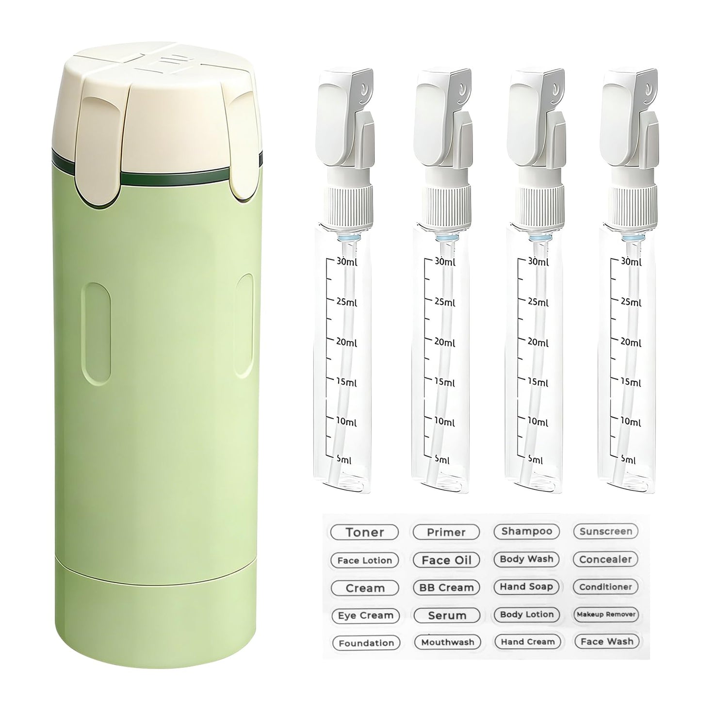 4 in 1 Travel Bottle,Travel Dispenser Bottles Refillable, 4 Pack 30ML for Storing Shampoo, Shower Gel, Laundry Detergent, Travel, Camping and Gym