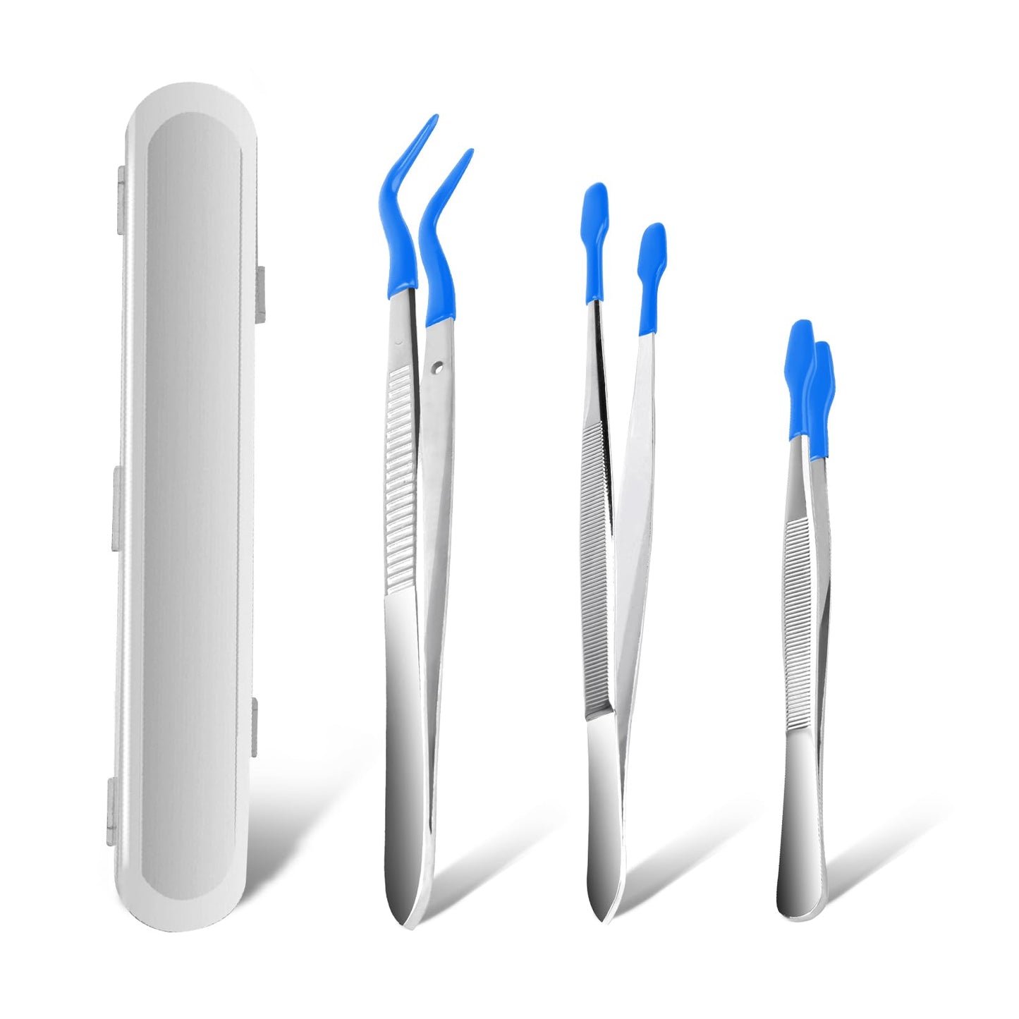 AngleKai 3PCS Tip Tweezers, Silicone Rubber Flat Tipped Tweezers Bent Tip for Jewelry Coin Stamp (Blue)