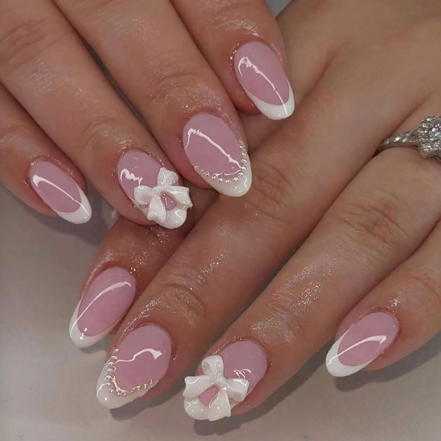 Leopard Print Press-On Nails - 30 Pcs Medium Almond Acrylic with Heart Pearl Bow & Rhinestones | Romantic Valentine’s French Tip Design