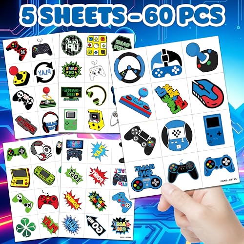 60 PCS Video Game Temporary Tattoos for Kids' Parties - 5 Sheets