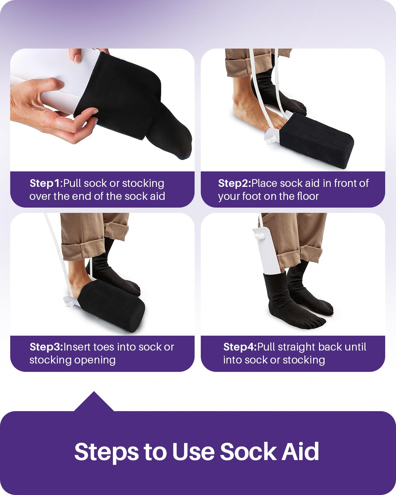 KEKOY 4INCH Sock Aid for Putting on Socks, Sock Assistant Device No Bending with Foam Handles & Long Rope, Sock Helper/Puller Aid Easy Put on for Seniors, Disabled, After Surgery Recovery(White)