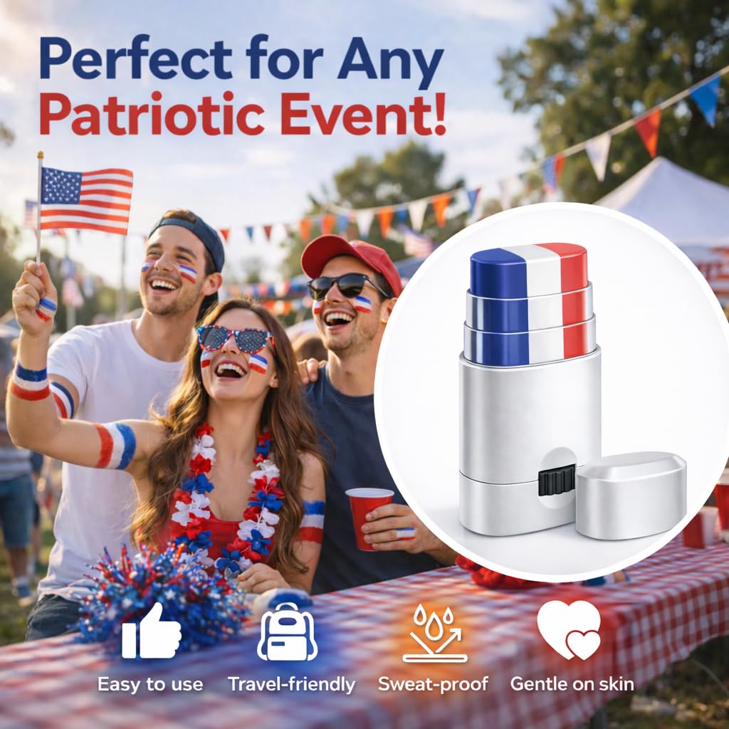 Patriotic Face Paint Stick - Red White Blue USA Flag Makeup Crayon for 4th of July | Ideal for Sports Fans & Festivals